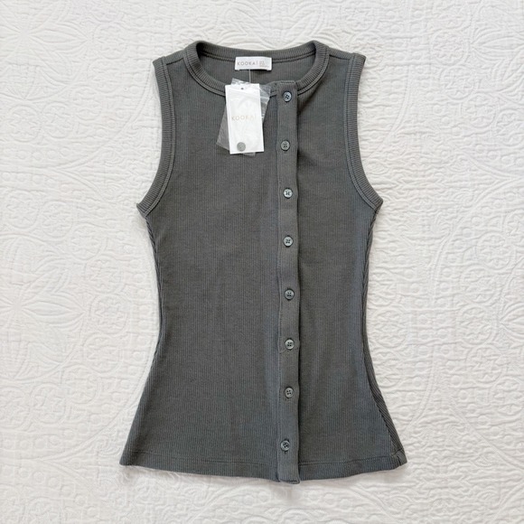 Kookai Tops - Kookai Bec Button Ribbed Tank, Agave Green